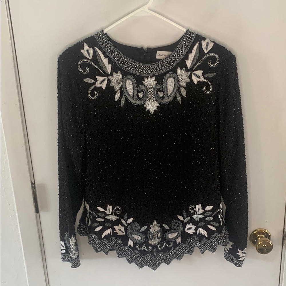 Drapers & Damon's black beaded and embroidered long sleeve silk top Size Large